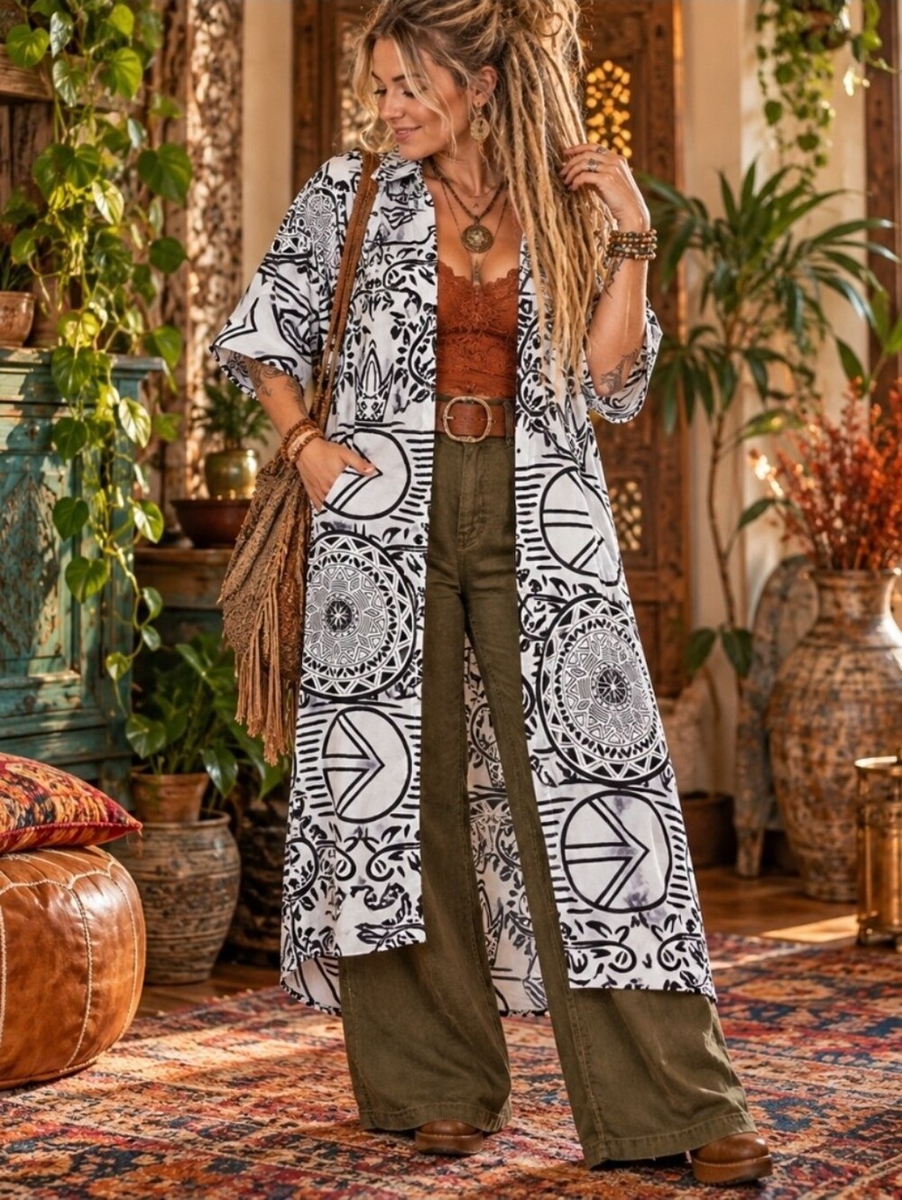 4/$15 Black White Abstract Geometric Button Up Shirt Boho 90s Retro Maximalist